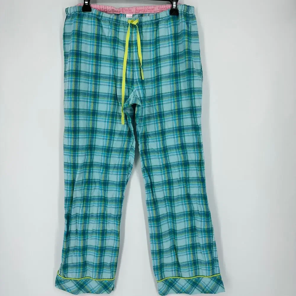 EUC Victoria’s Secret Pajama Pants M Plaid Blue Green Flannel Silver Threading